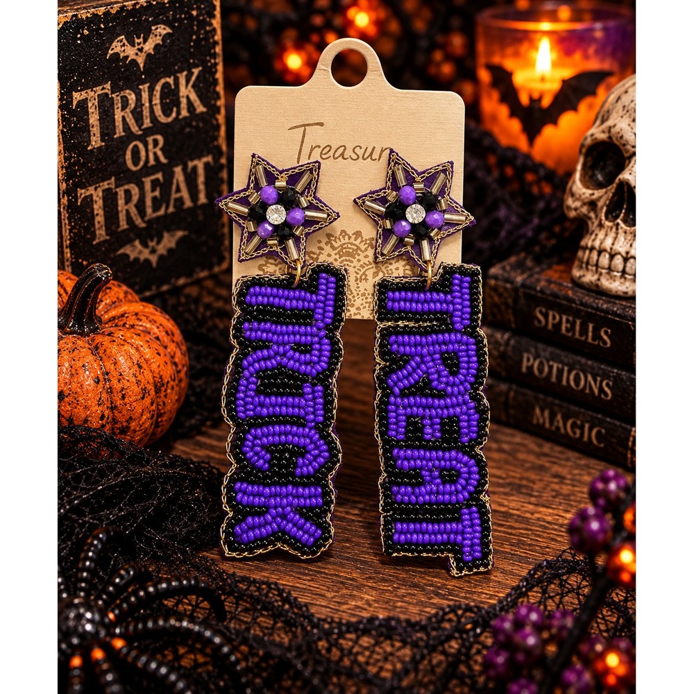 Trick or Treat Earrings Purple Black Halloween Seed Bead Statement Dangle